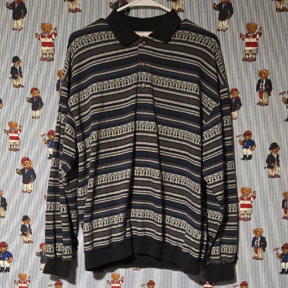 Vintage Grandpa Long-sleeve Polo Shirt black, brown, and beige pattern Classics